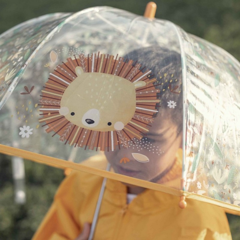 Ombrello trasparente per bambini decorato con leone e foglie